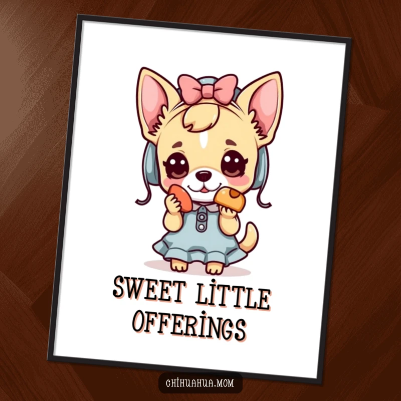 Funny Kawaii chihuahua lady digital art print showing a character offering a tiny treat, vibrant and cheerful.