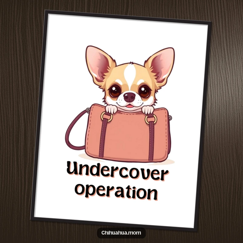 Funny startled chihuahua peeking from behind a designer handbag, offered as a humorous digital art print.