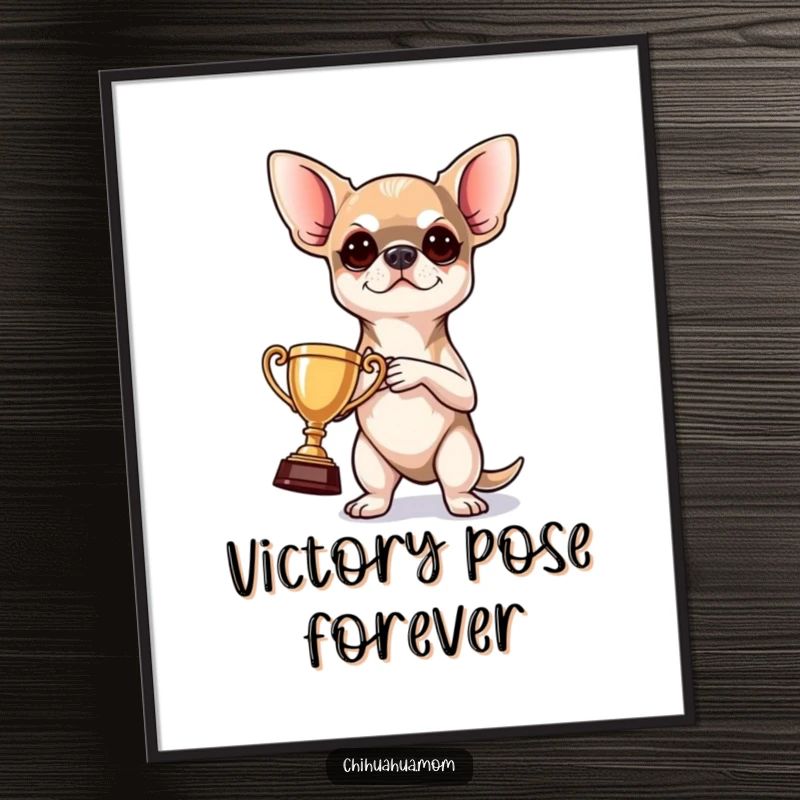 Funny Digital Art Print: a determined chihuahua poses with a tiny trophy, conveying a humorous sense of accomplishment.