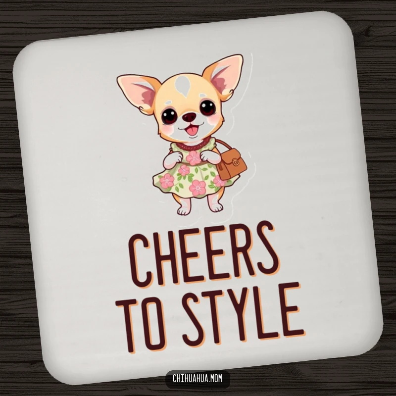Funny drink coasters: a chihuahua dog wearing a floral dress and holding a purse.