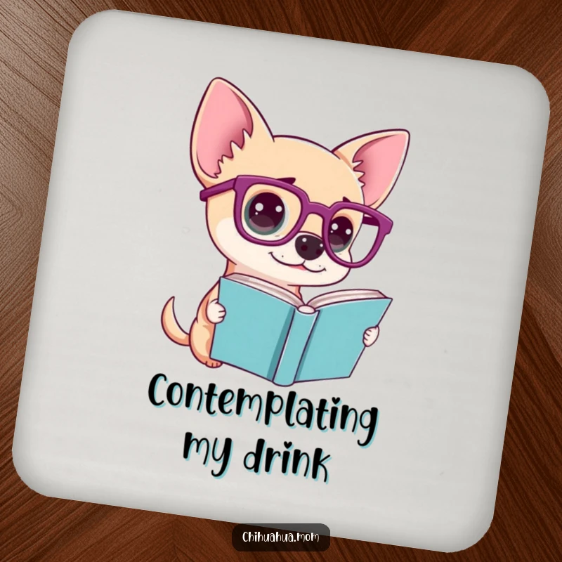 Funny drink coasters with a chihuahua wearing oversized glasses, looking confused at a book, perfect for table protection.