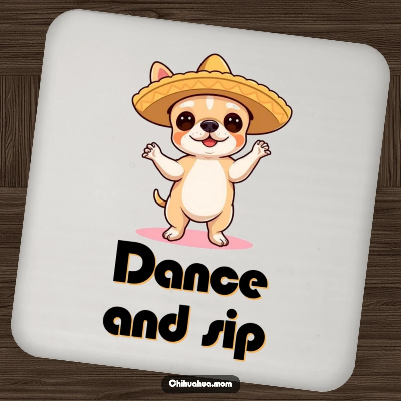 Funny Chihuahua Coasters: A cute chihuahua in a sombrero dances the flamenco, designed to protect tables with festive humor.