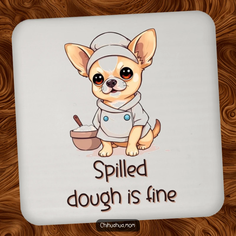 Funny Baker Chihuahua Coaster showing a flour-covered chihuahua, ready to protect surfaces with funny baking enthusiasm.