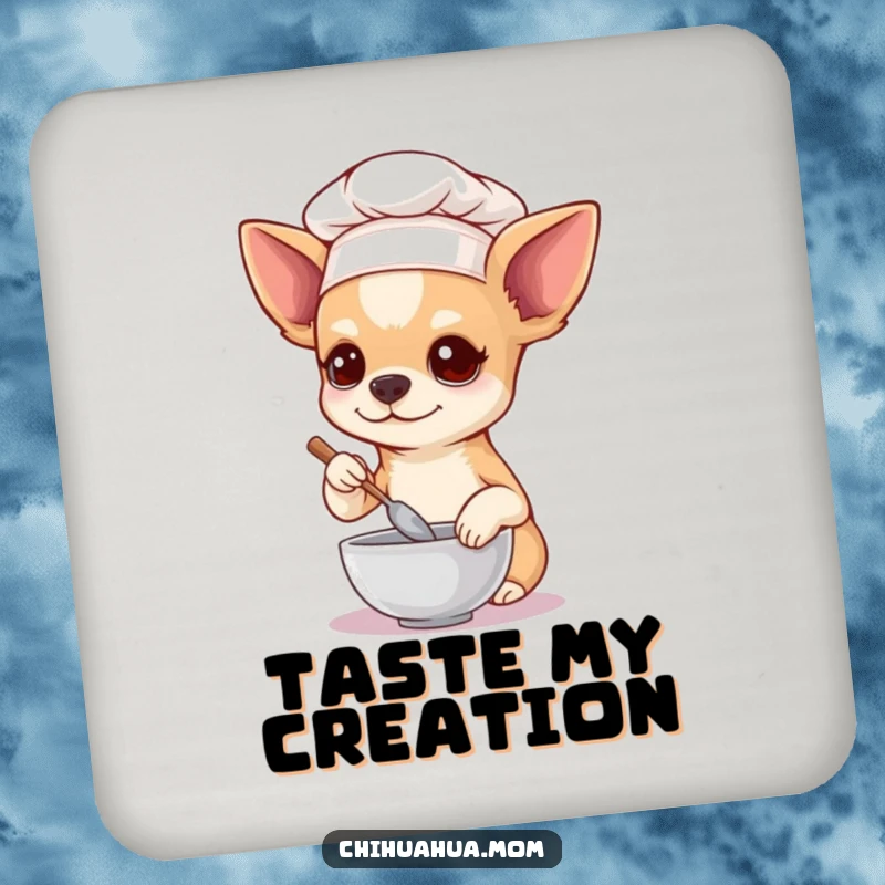 Funny Chihuahua Coasters, a chihuahua chef stirs a tiny bowl, offering protection with a humorous and culinary touch.