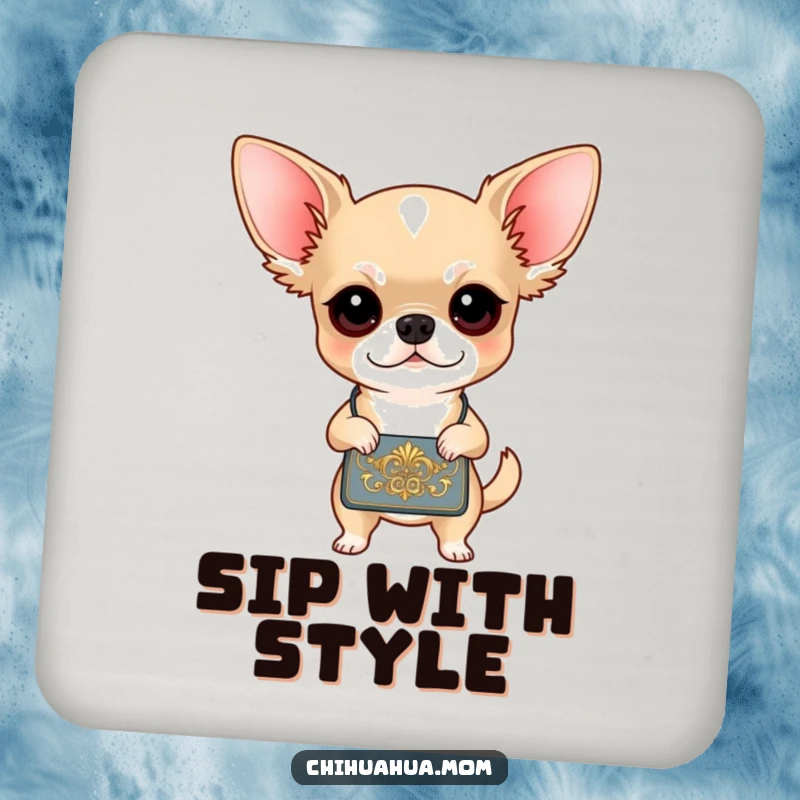 Funny Chihuahua Coaster: A determined chihuahua with her stylish handbag protects surfaces from drinks. Humorous and practical decor.