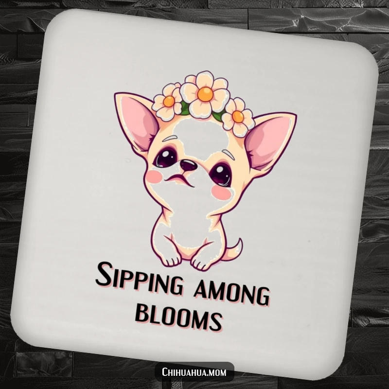Funny Chihuahua Coasters, a chihuahua wears a flower crown and looks upwards, offering protection with bohemian flair.