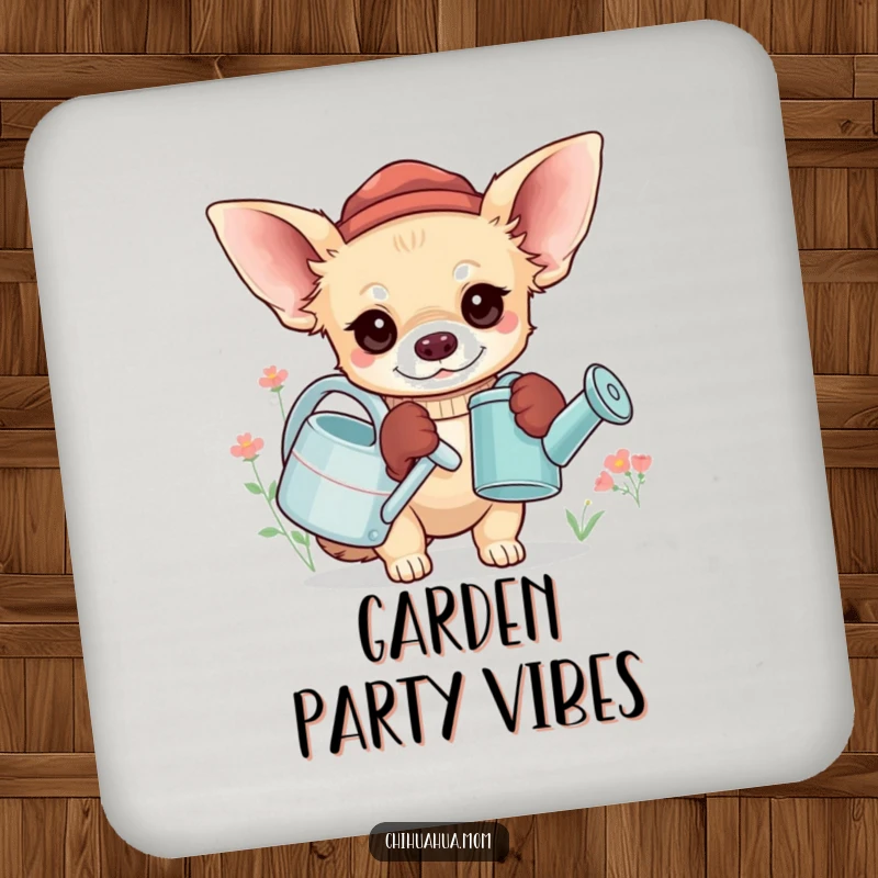 Funny Chihuahua Gardener Drink Coaster: A chihuahua wears oversized gloves and holds a tiny watering can, protects tables, gift.