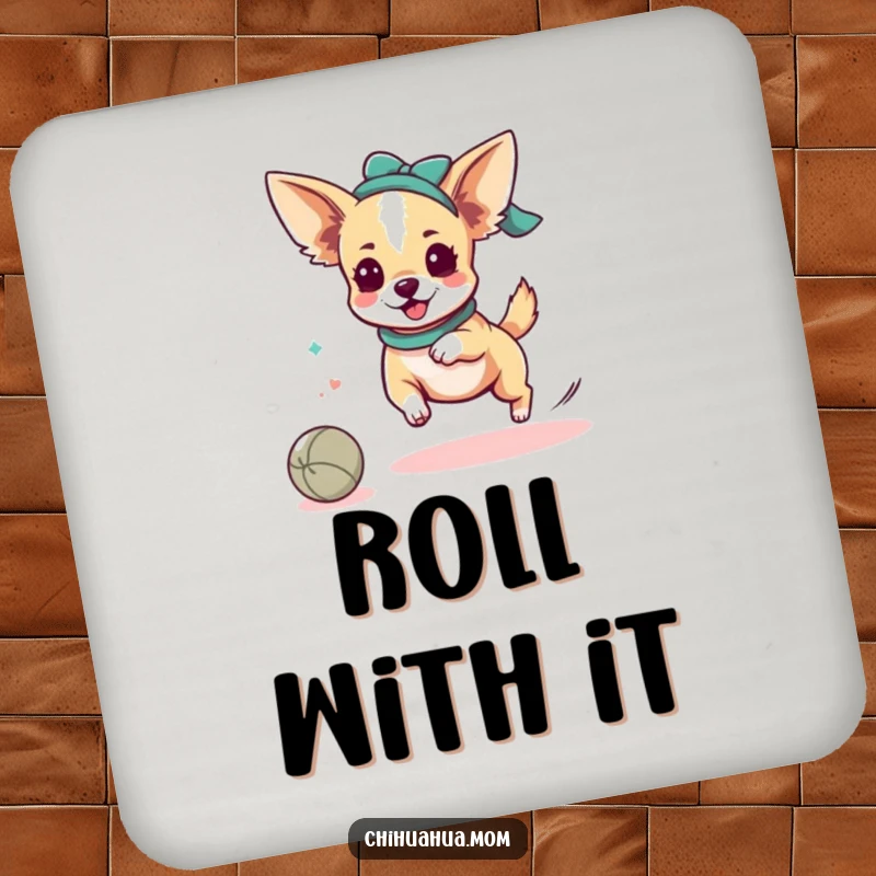 Funny Chihuahua Lady Ball Coaster: Kawaii character playfully chasing a rolling ball. Stylish funny gift for surface protection.