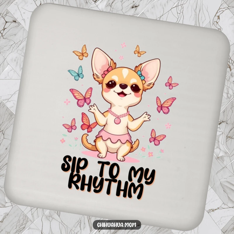 Funny chihuahua lady coaster featuring her joyfully conducting a tiny choir of fluttering butterflies, adding artistic fun to any table.