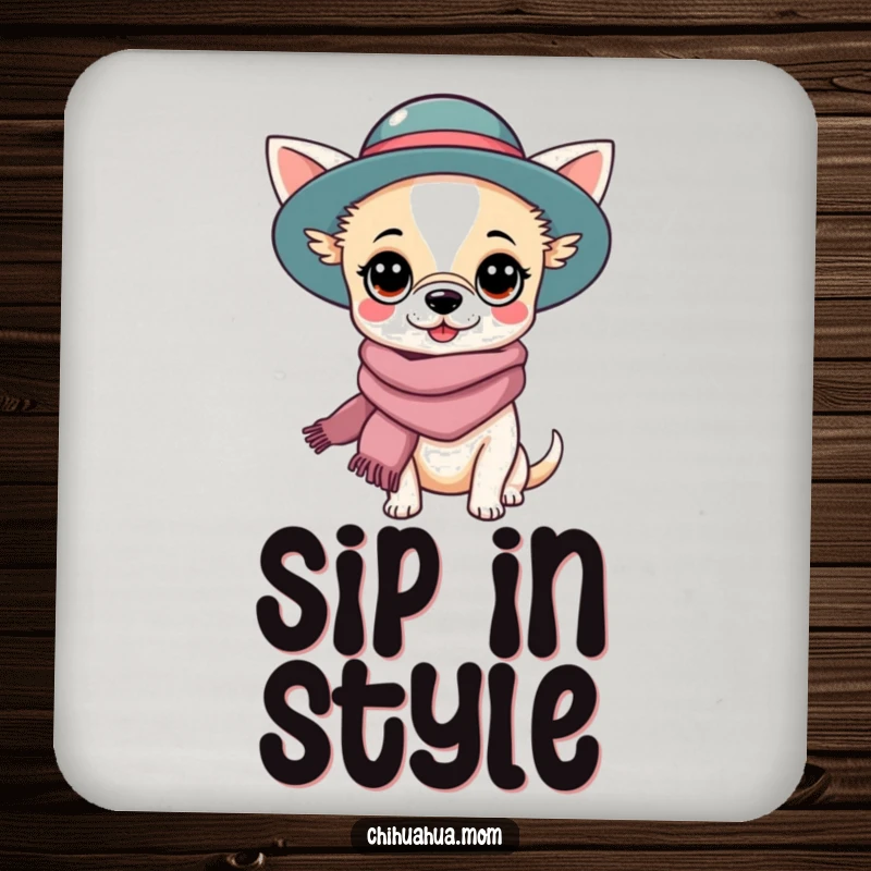 Funny Chihuahua Lady Coaster: Kawaii character elegantly attired in a hat and scarf. Stylish funny gift for surface protection.