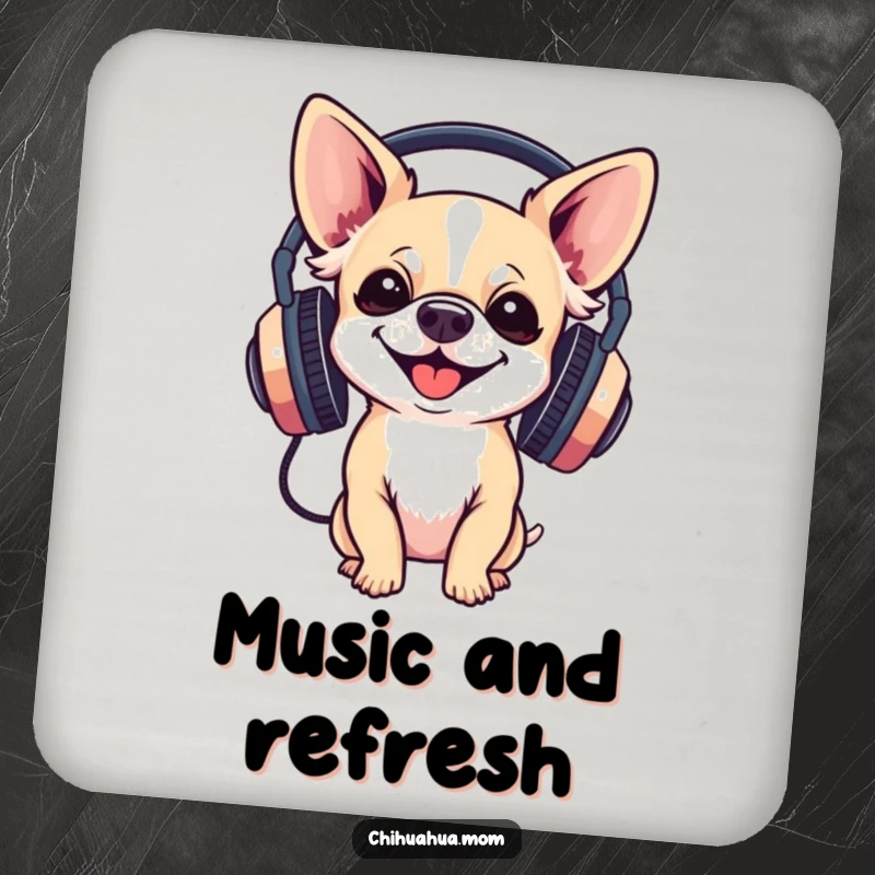 Funny Coaster: a chihuahua gleefully wearing large headphones, offering a humorous and protective accent for drink surfaces.