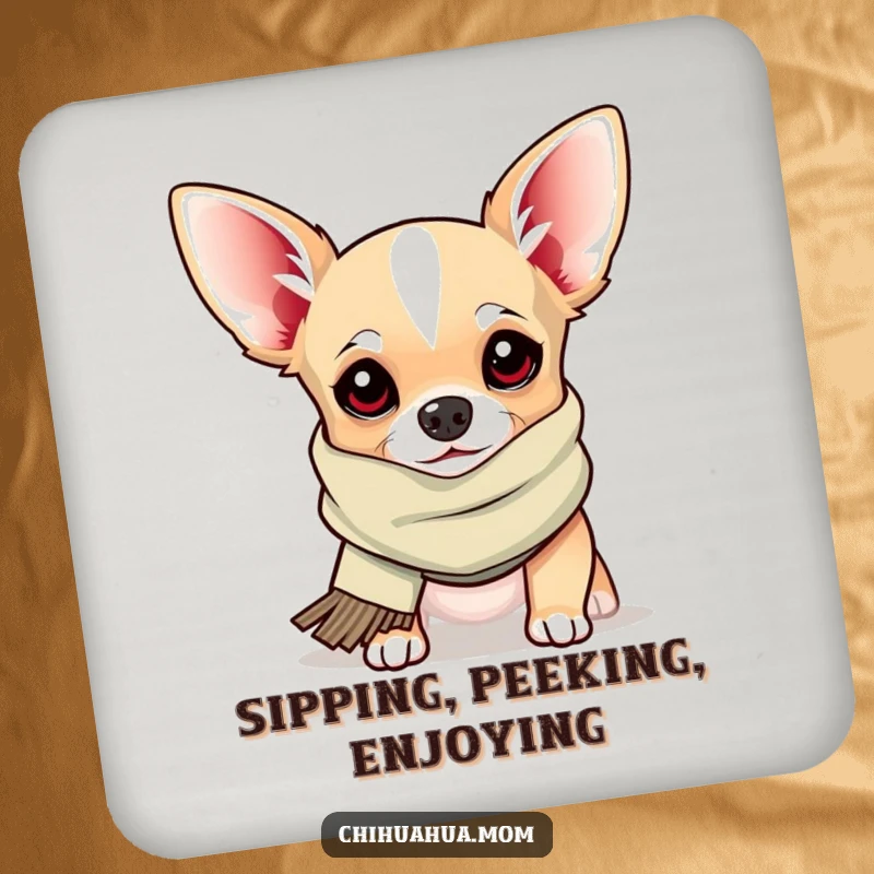 Funny Coaster: a chihuahua wearing a silly scarf peeks out, offering a humorous and protective accent for drink surfaces.