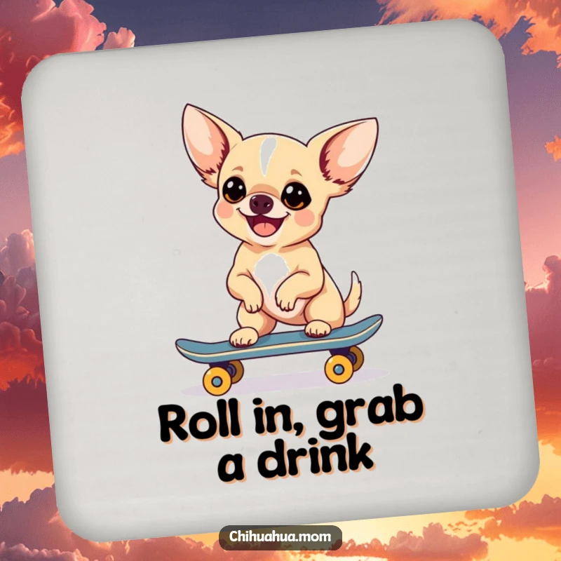 Funny Chihuahua Skateboarder Drink Coaster with a detailed chihuahua riding a skateboard, protecting surfaces with humor.