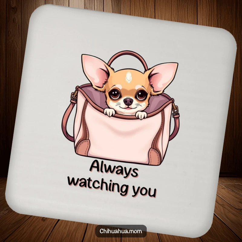 Funny Curious Chihuahua Coaster showing a chihuahua peeking from a stylish handbag, ready to protect surfaces with funny elegance.
