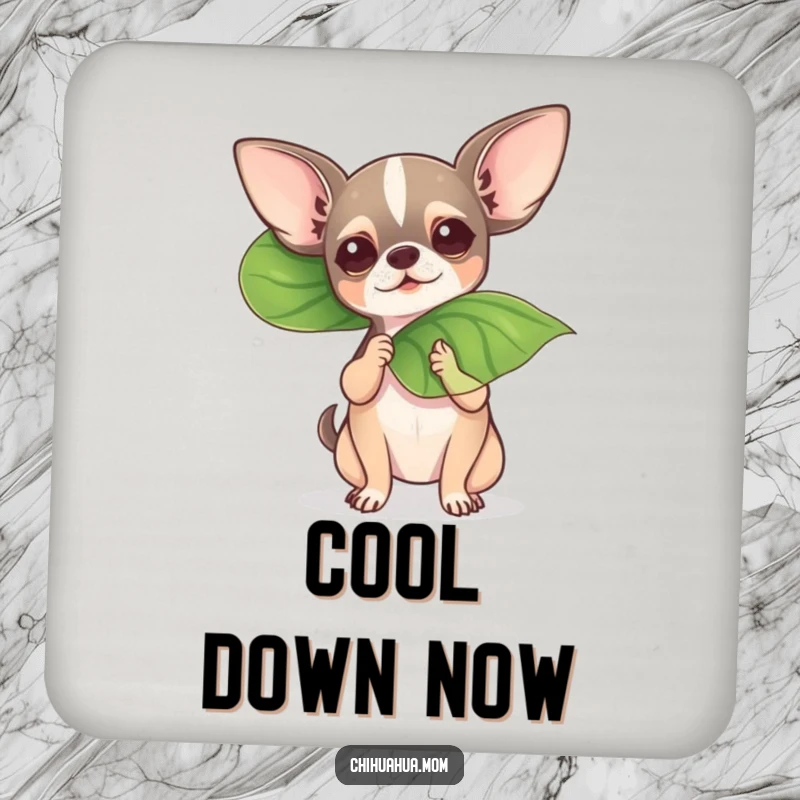 Funny chihuahua fanning itself with a large leaf on a drink coaster, adding dramatic humor.