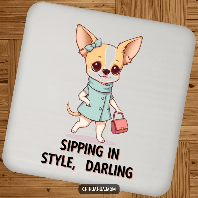 Funny fashionable chihuahua woman coaster featuring her strutting with a tiny purse, adding a touch of chic humor to any surface.