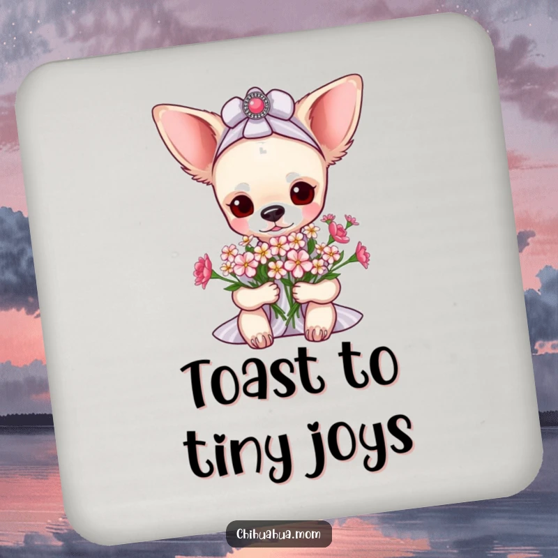 Funny pampered chihuahua lady coaster featuring her receiving tiny flowers, adding a touch of floral elegance and humor to any table.