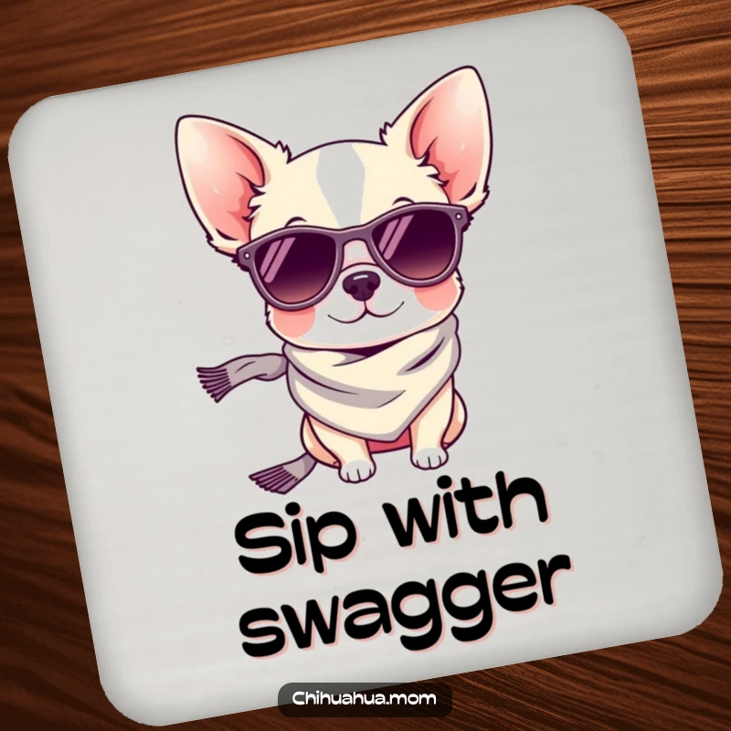 Funny drink coasters: a tiny chihuahua dog wearing cool sunglasses and a stylish scarf.