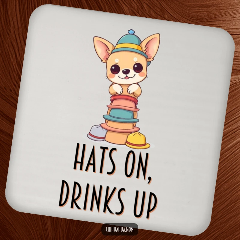 Funny chihuahua hat coaster. A chihuahua balances a pile of tiny hats, providing quirky protection for tables with a charming and humorous accent.