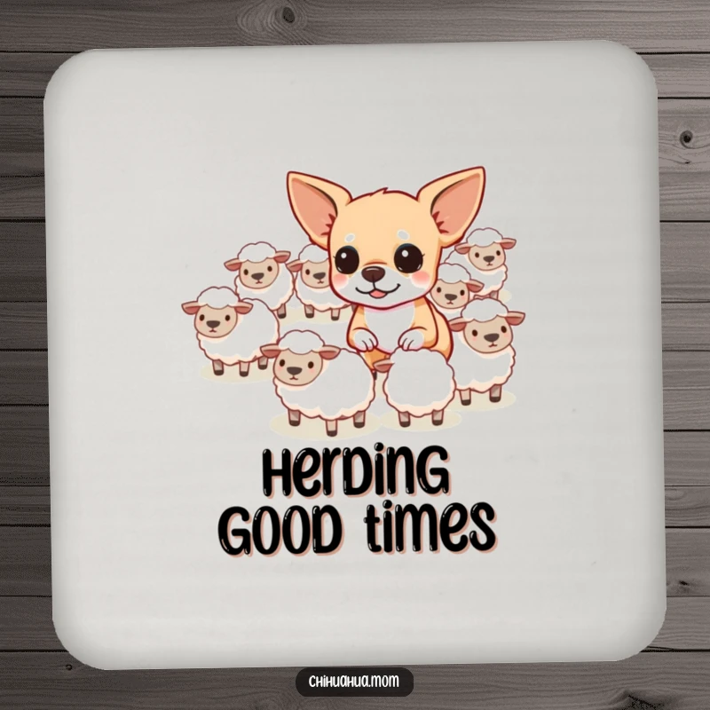 Funny determined chihuahua herding tiny sheep on a drink coaster, adding farm humor.