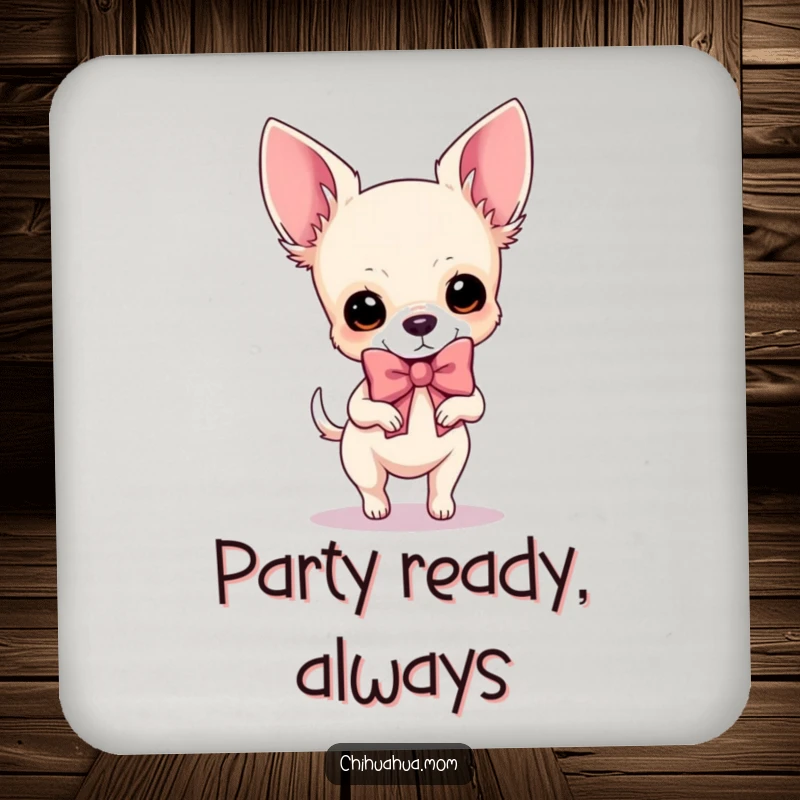 Funny Chihuahua Coasters: A dog prances with a giant bow, protecting your furniture with fabulous style and humor.