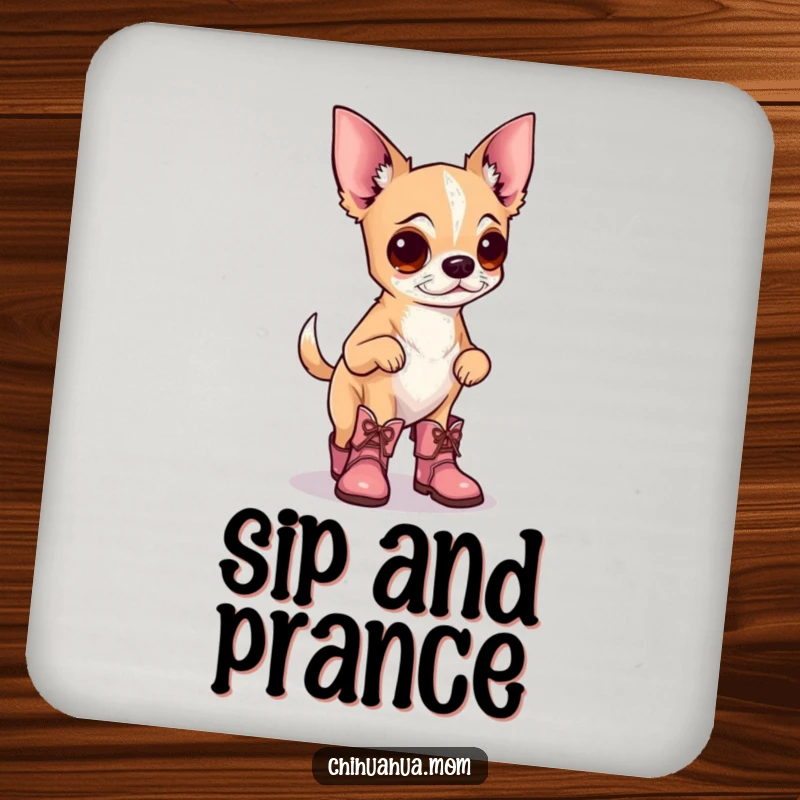 Funny drink coasters each showing a chihuahua wearing tiny boots, prancing proudly, protecting furniture with a charming and humorous design.