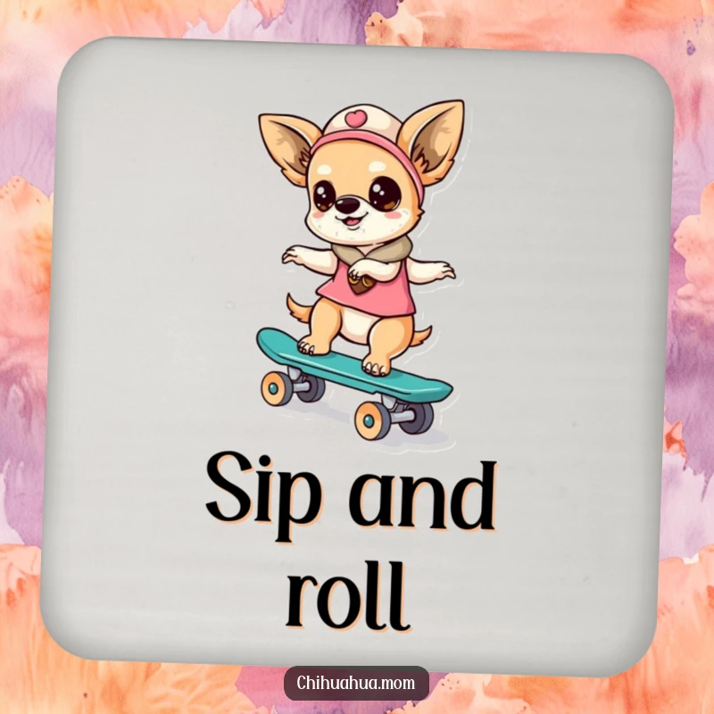 Funny chihuahua lady character on a skateboard on a set of drink coasters, blending action and humor.