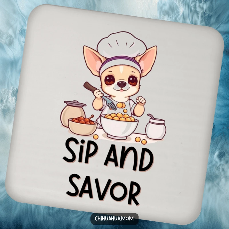 Funny drink coasters: a chihuahua dog dressed as a chef, whisking a bowl of tiny treats.