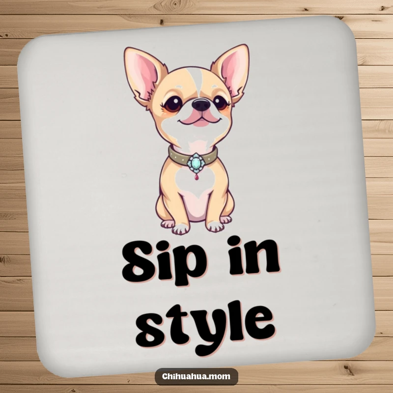 Funny proud chihuahua wearing a tiny, bejeweled collar on a humorous and protective drink coaster.