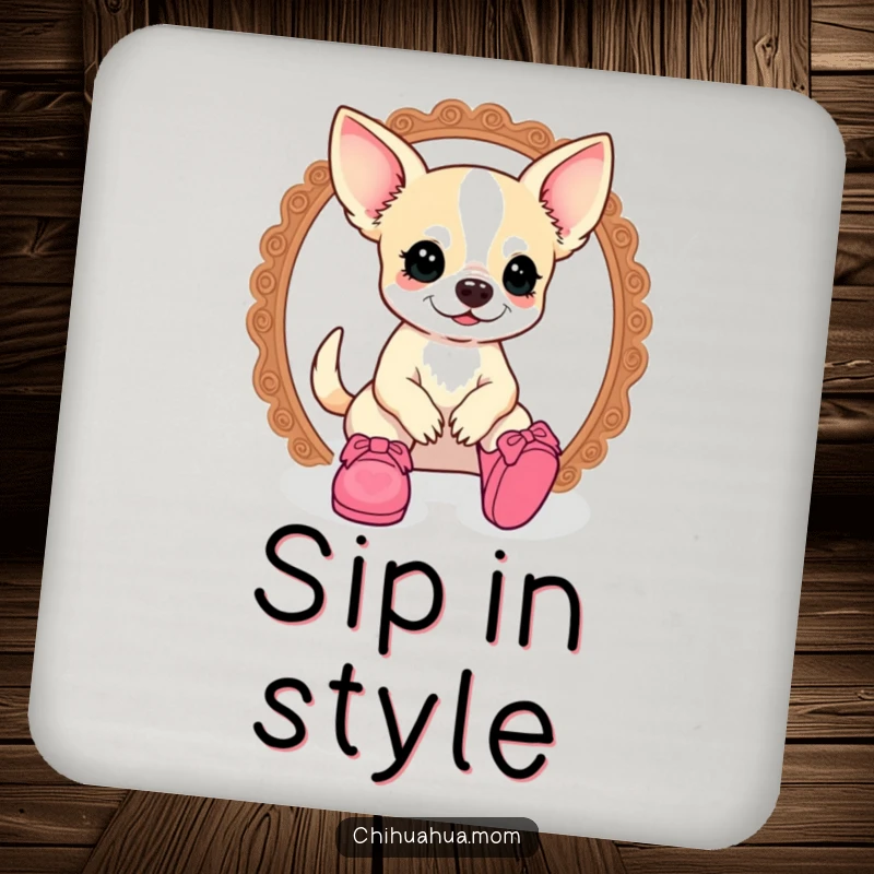 Funny kawaii chihuahua lady character with doll shoes on a set of drink coasters, blending fashion and humor.