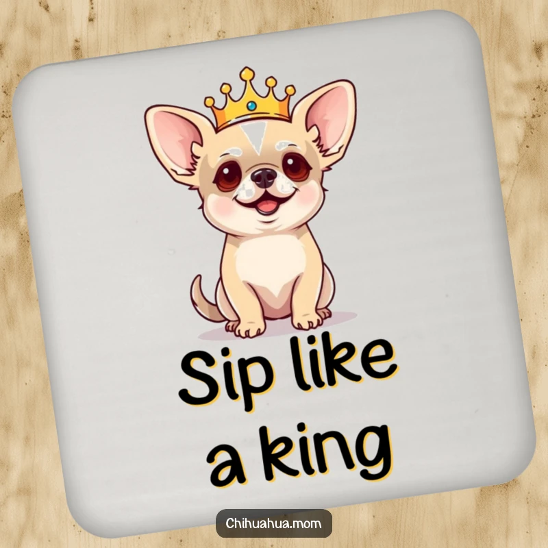 Funny Chihuahua Coaster: Tiny crowned dog barking commands, protecting surfaces with regal authority, humorous pet accessory.
