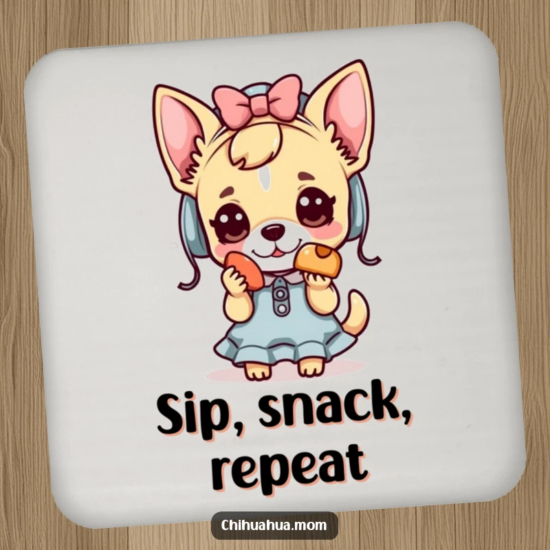 Funny Kawaii chihuahua lady coaster with a cute character offering a treat, protecting surfaces with style.