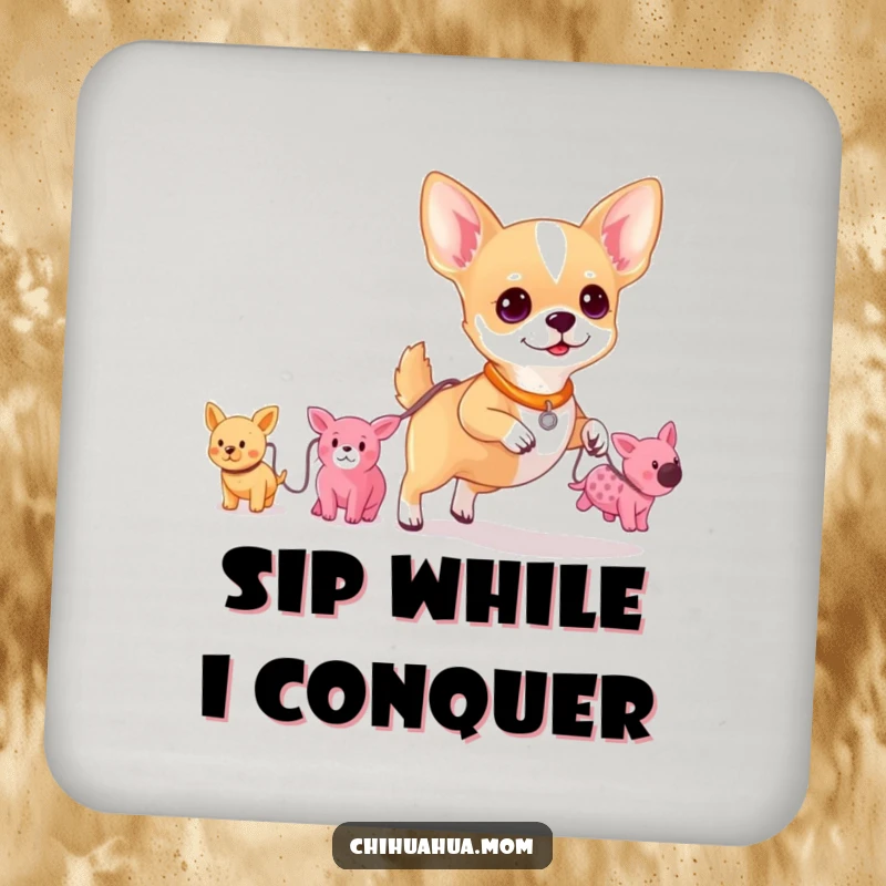 Funny drink coaster depicting a chihuahua holding a leash attached to a small parade of plush toys, perfect for any table.