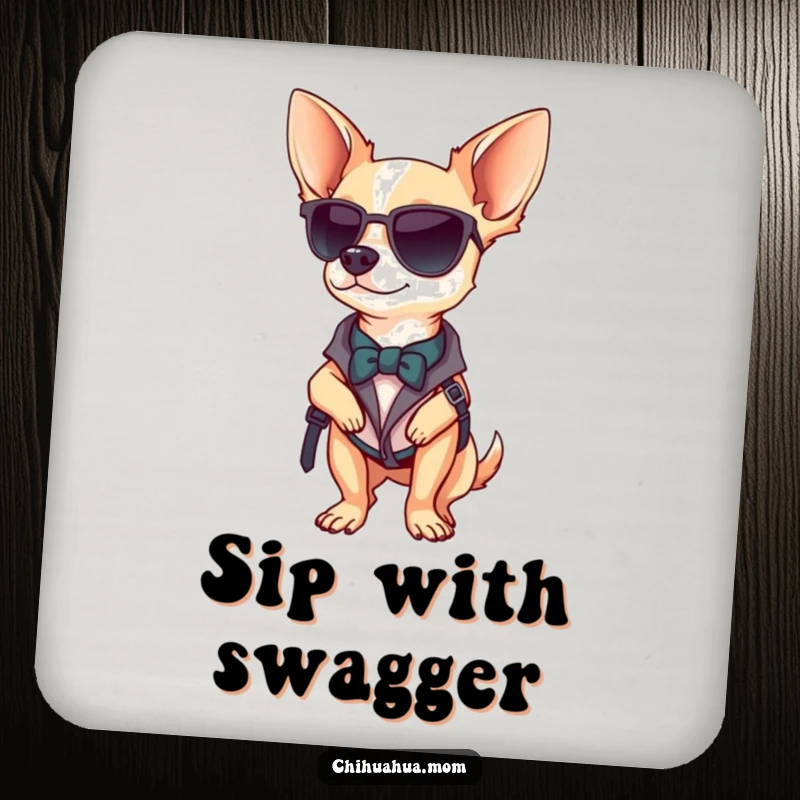Funny Chihuahua drink coaster with a stylish chihuahua posing confidently, adding flair while protecting surfaces.