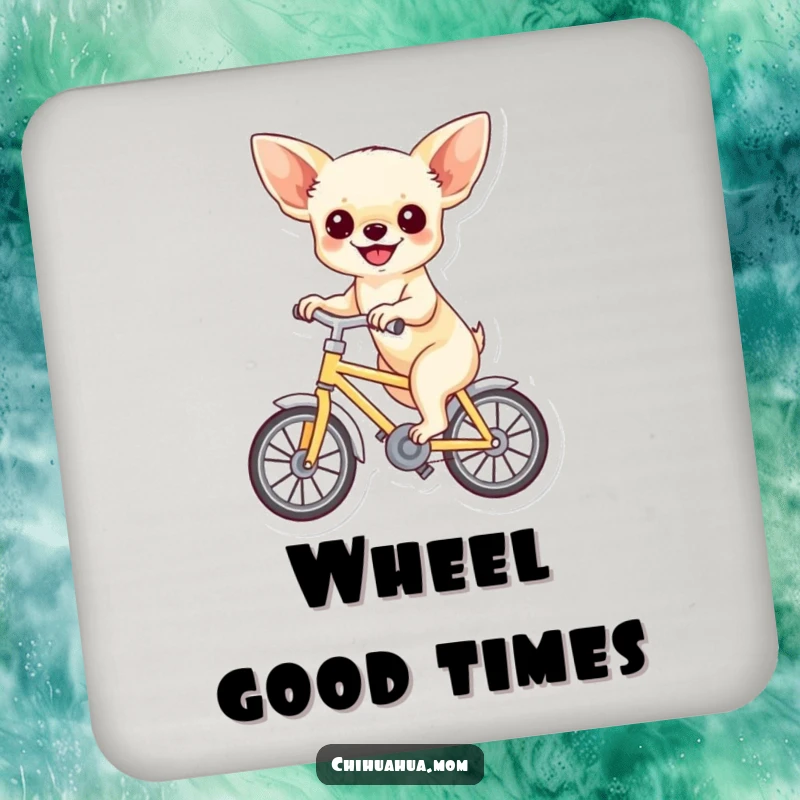 Funny drink coasters depicting a chihuahua joyfully riding a miniature bicycle, offering humorous protection and happy decor.