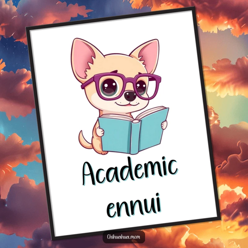 Funny poster of a chihuahua wearing large glasses, looking utterly perplexed at an open book, creating a humorous scene.