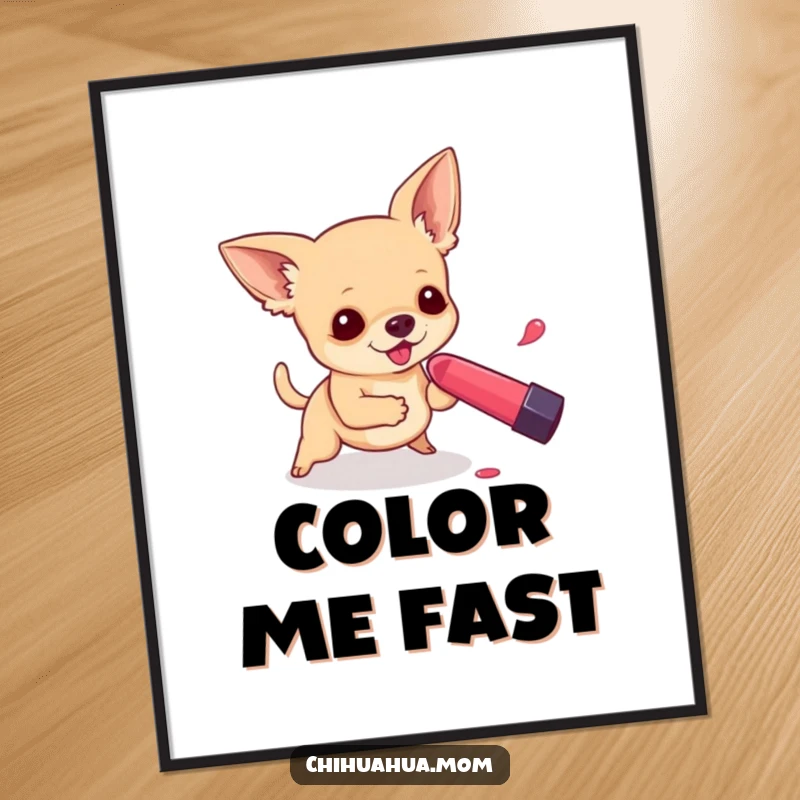 Funny poster art of a chihuahua in energetic pursuit of a rolling lipstick, comical and cute.