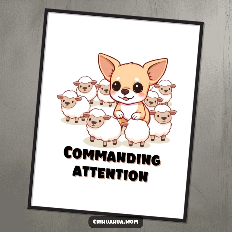 Funny determined chihuahua attempting to herd tiny sheep, creating humorous wall art.