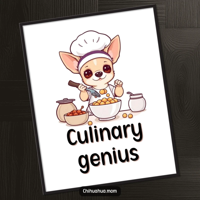 Funny poster art: a chihuahua dog in chef attire, energetically whisking a bowl of tiny treats.