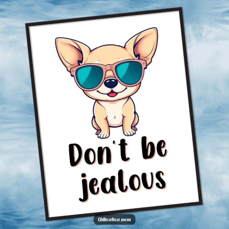 Funny poster of a cute chihuahua wearing oversized sunglasses, striking a confident pose, adding a cool and stylish vibe to any room.
