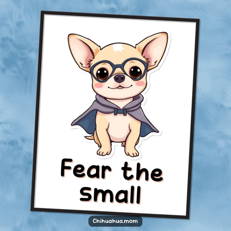 Funny Chihuahua Poster: A chihuahua wearing a superhero cape and mask, striking a confident, heroic pose against a bold background.