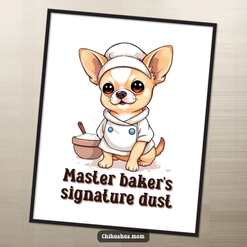Funny Baker Chihuahua Poster of a cute chihuahua, dusted in flour, wearing a baker's hat, ready to serve up some funny art.