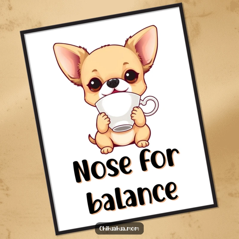 Funny playful chihuahua balancing a teacup on its nose, creating humorous wall art.