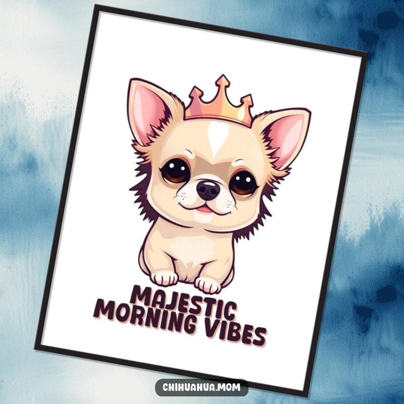 Funny Chihuahua poster of a perfectly coiffed chihuahua adorned with a tiny, glittering crown, exuding royal elegance.
