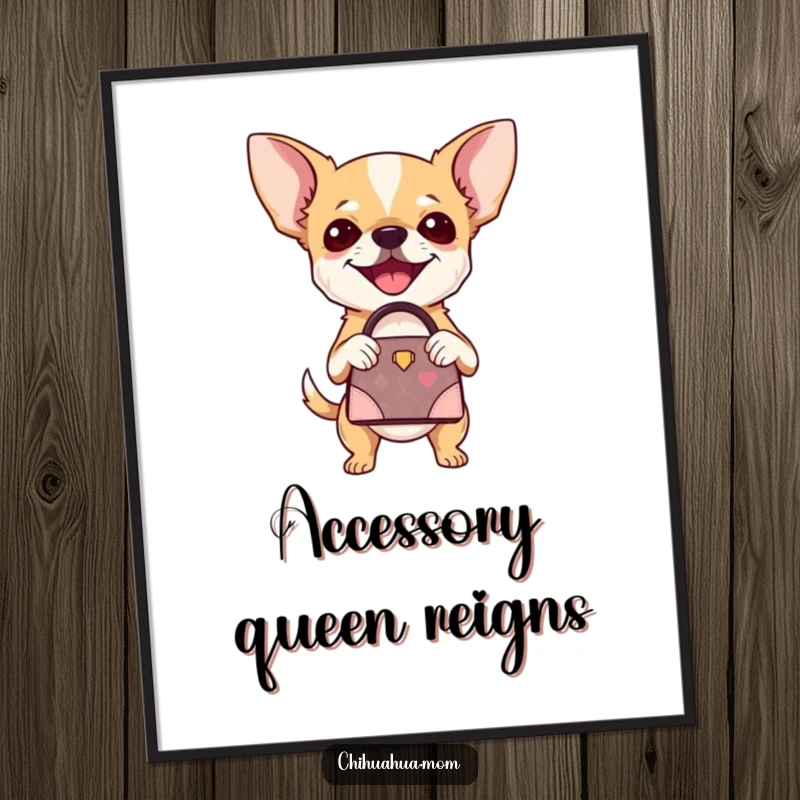 Funny Chihuahua Poster: A chihuahua joyfully holding a miniature designer handbag, looking like a runway model. A stylish funny gift.