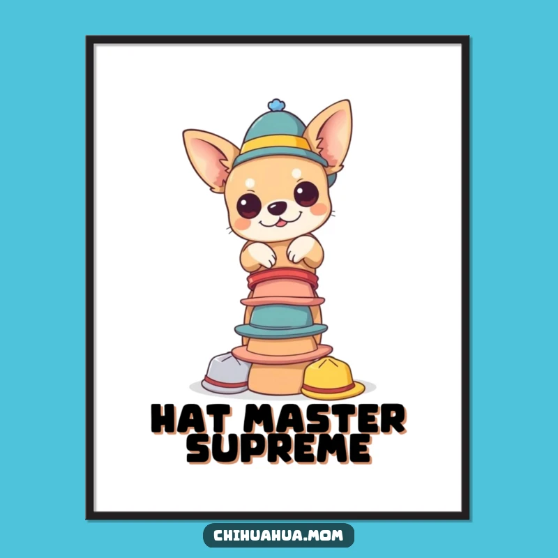 Funny Chihuahua Hat Tower Poster - Tiny Hats Balance, Quirky Art