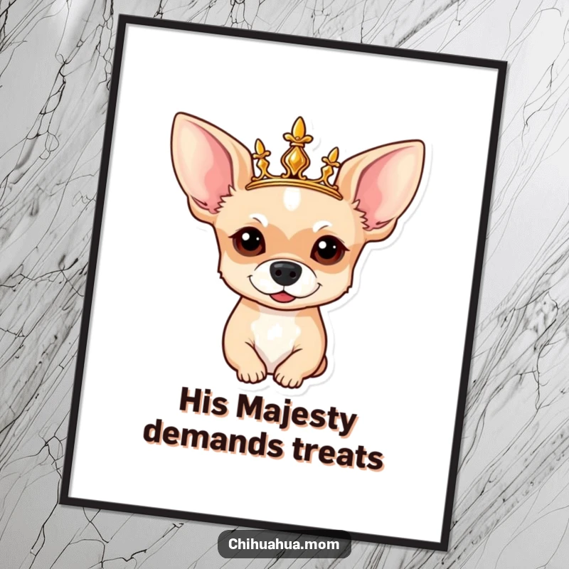 Funny Chihuahua Poster: A regal portrait of a chihuahua wearing a golden crown, exuding authority and charm.