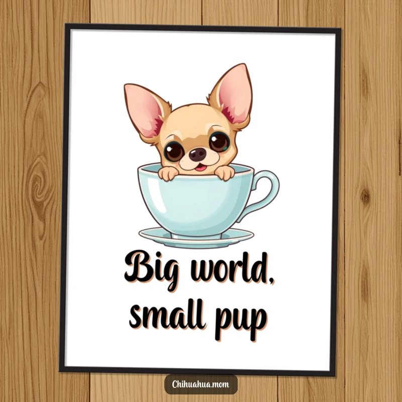 Funny Chihuahua Teacup Poster: A curious chihuahua peeks from a giant teacup with wide eyes, whimsical wall art, gift.