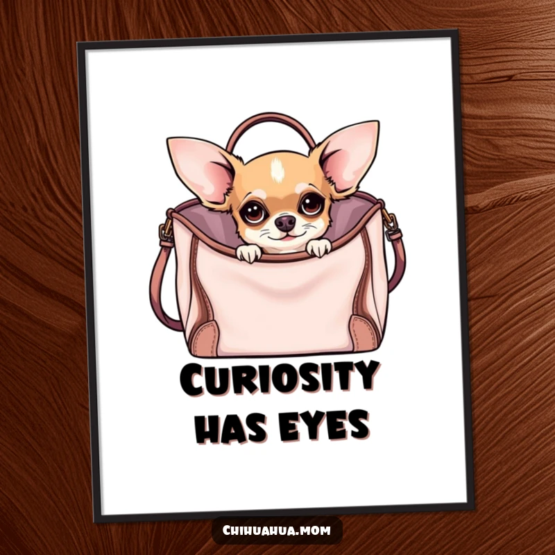 Funny Curious Chihuahua Poster of a chihuahua peeking out of a fashionable handbag, conveying funny intrigue and style.