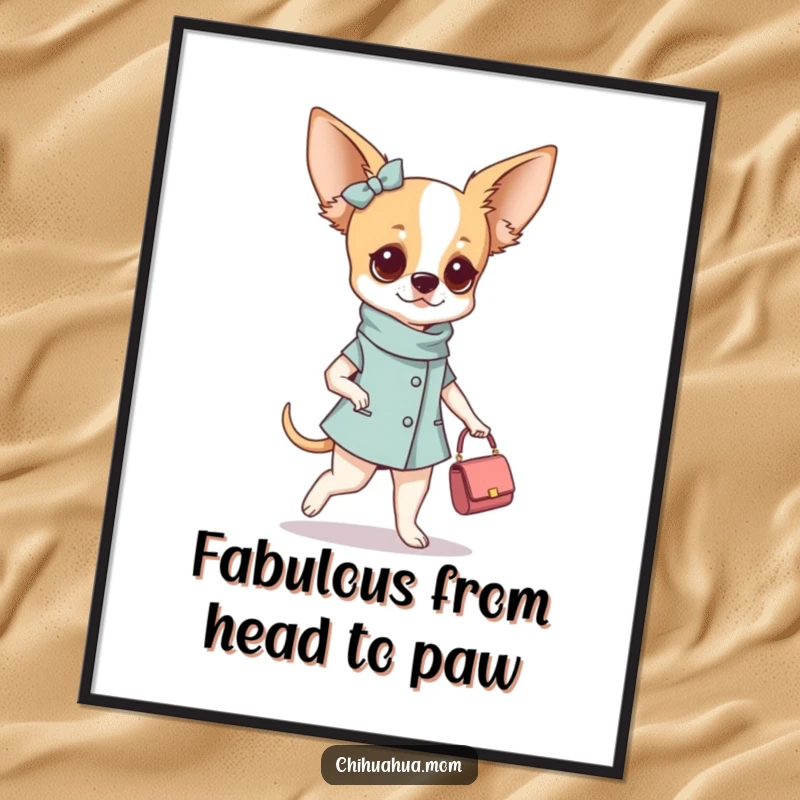 Funny fashionable chihuahua woman poster showing her strutting with a tiny purse, exuding glamour and humor for stylish decor.